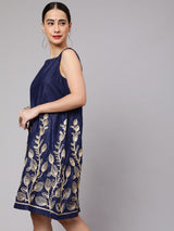 Navy Blue Embroidered Shift Dress - Elganza