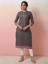Grey Kurta With Border Details - Elganza
