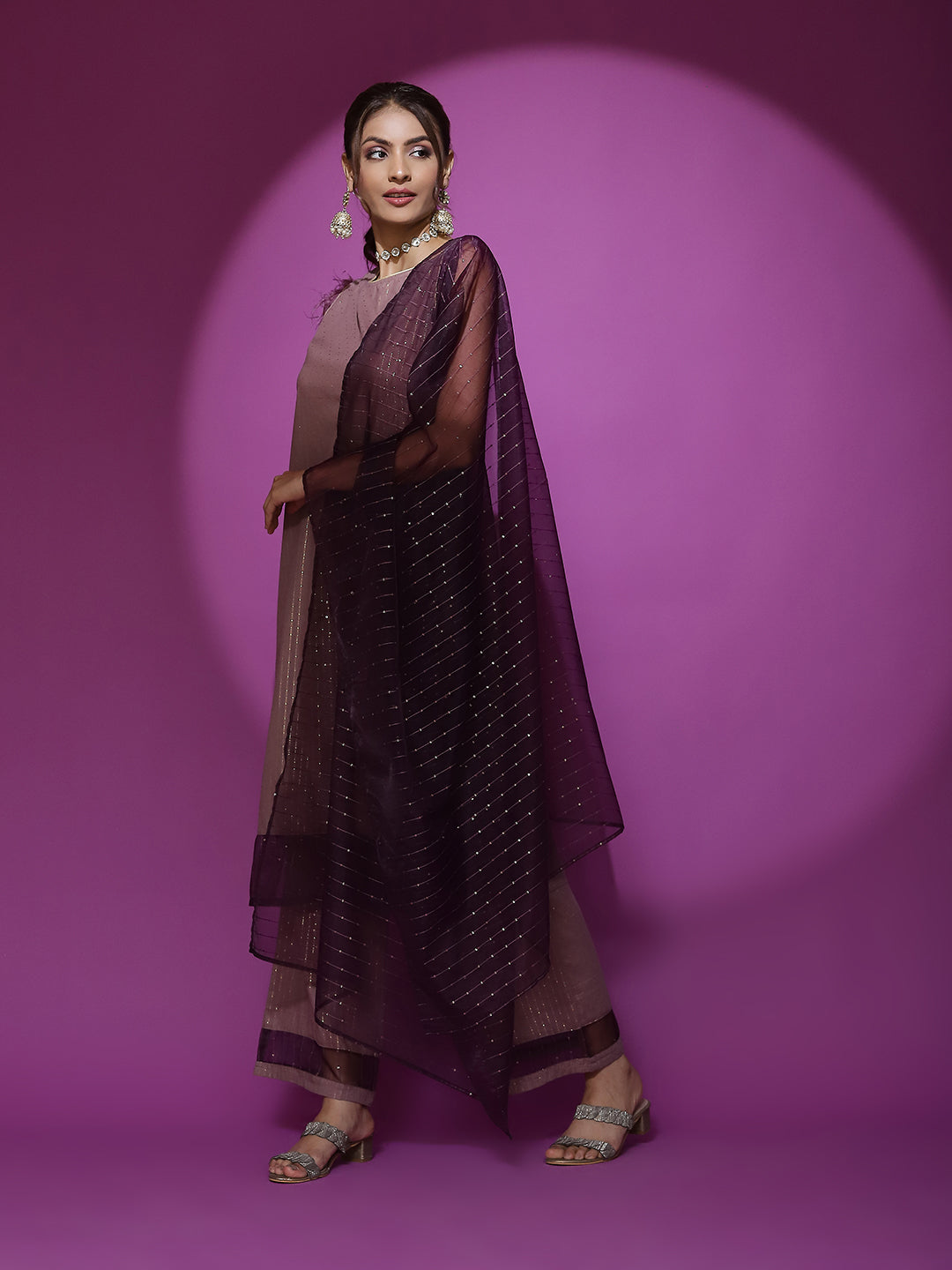 Brown Kurta Palazzo With Sequence Work Dupatta - Elganza