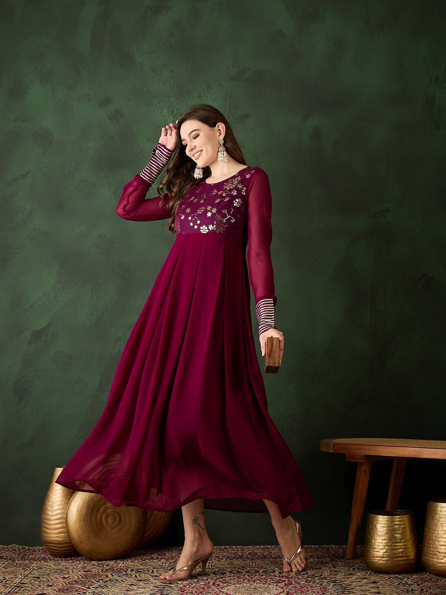 Burgundy Sequence Work Flared Maxi Dress - Elganza