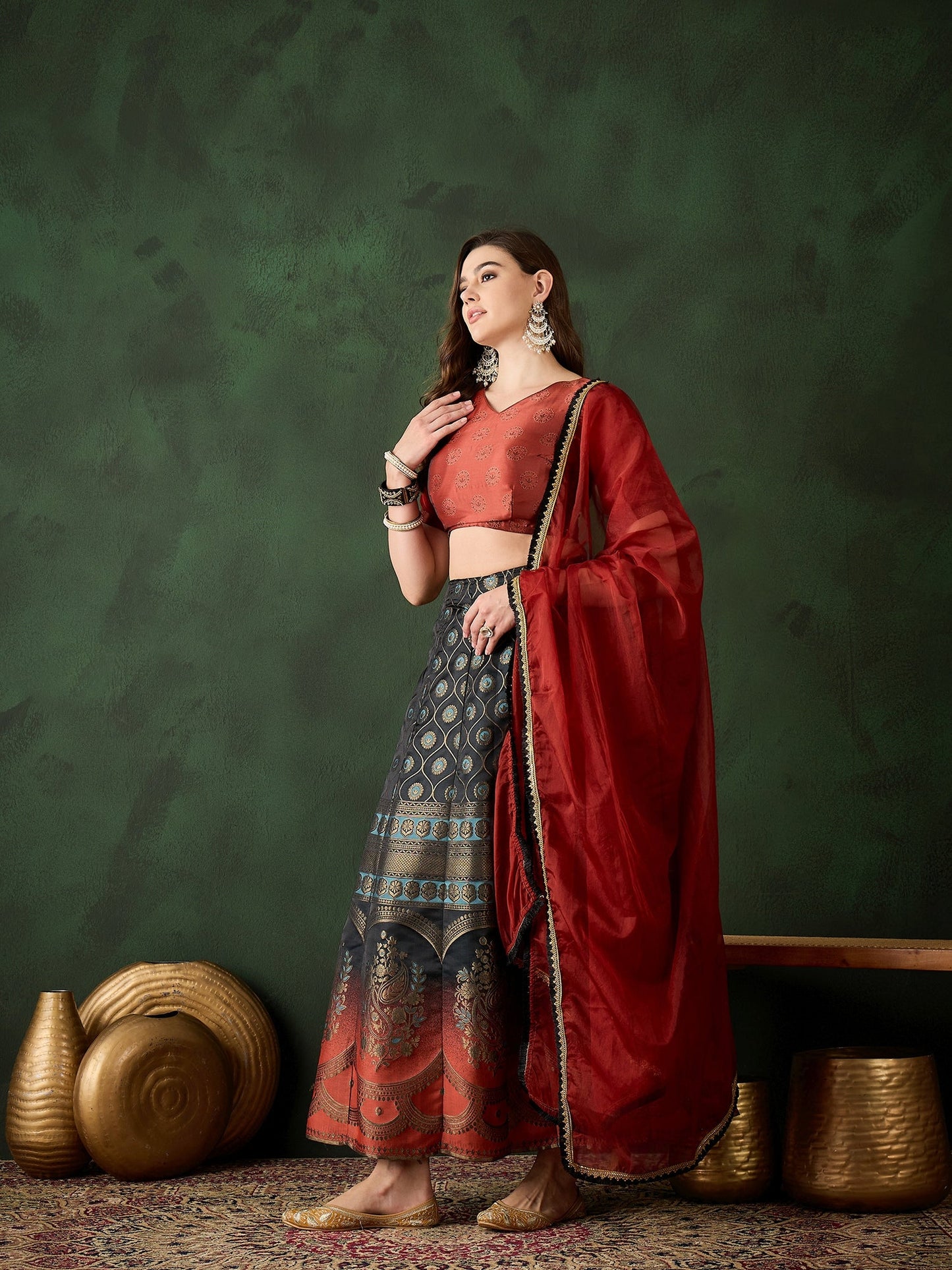 Maroon Brocade Lehenga Choli With Dupatta - Elganza