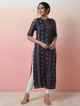 Navy Blue Gold Printed Button Down Kurta - Elganza