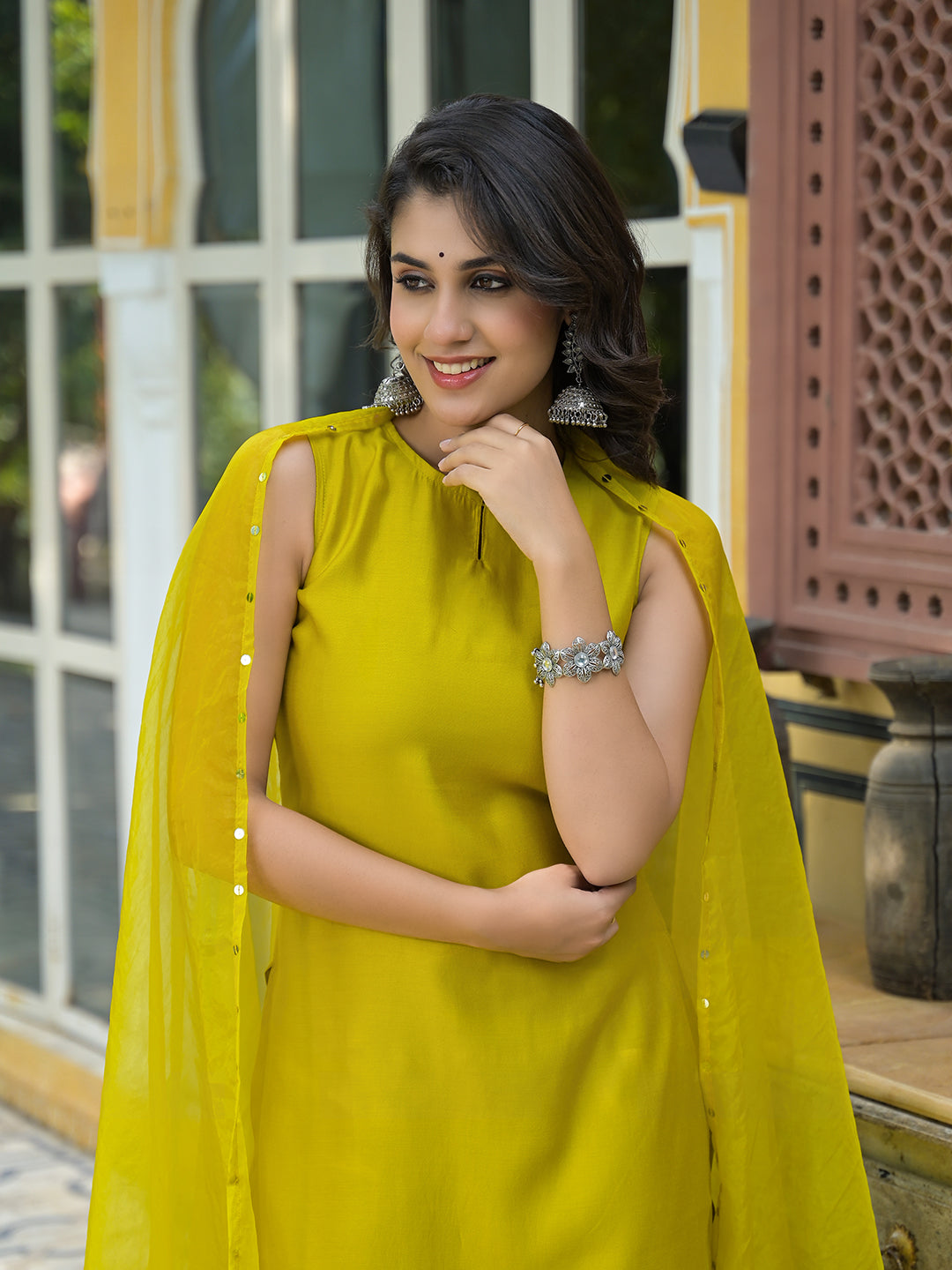 Mustard Sleevessless Kurta Sharara With Organza Sequinned Dupatta - Elganza