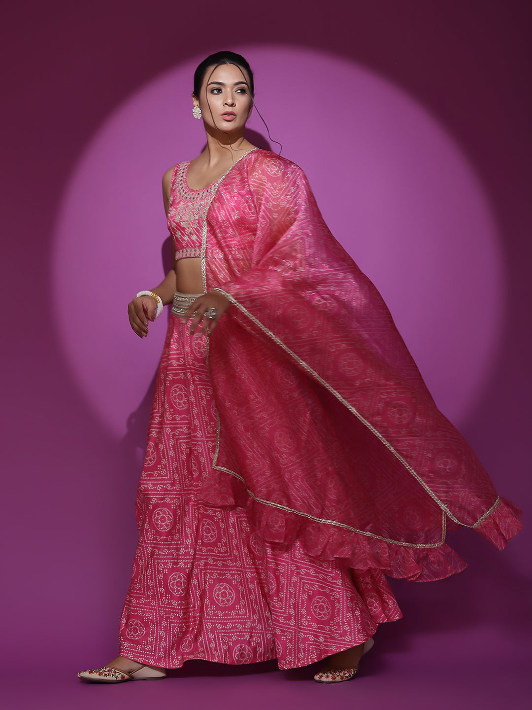 Pink Embroidered Bandhani Print Lehenga Choli With Dupatta - Elganza