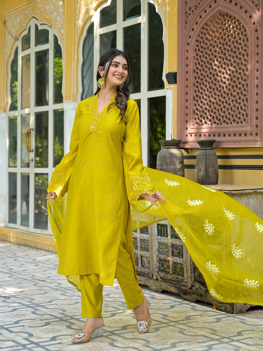Lime Green Embroidered Pakistani Kurta Set With Embroidered Dupatta - Elganza