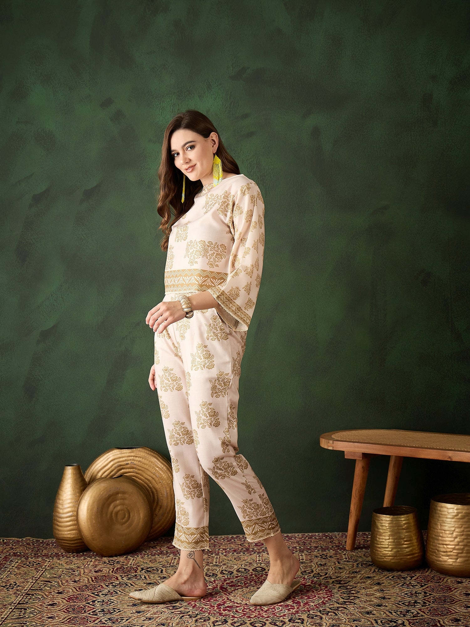 Cream Floral Print Co-Ord Set - Elganza