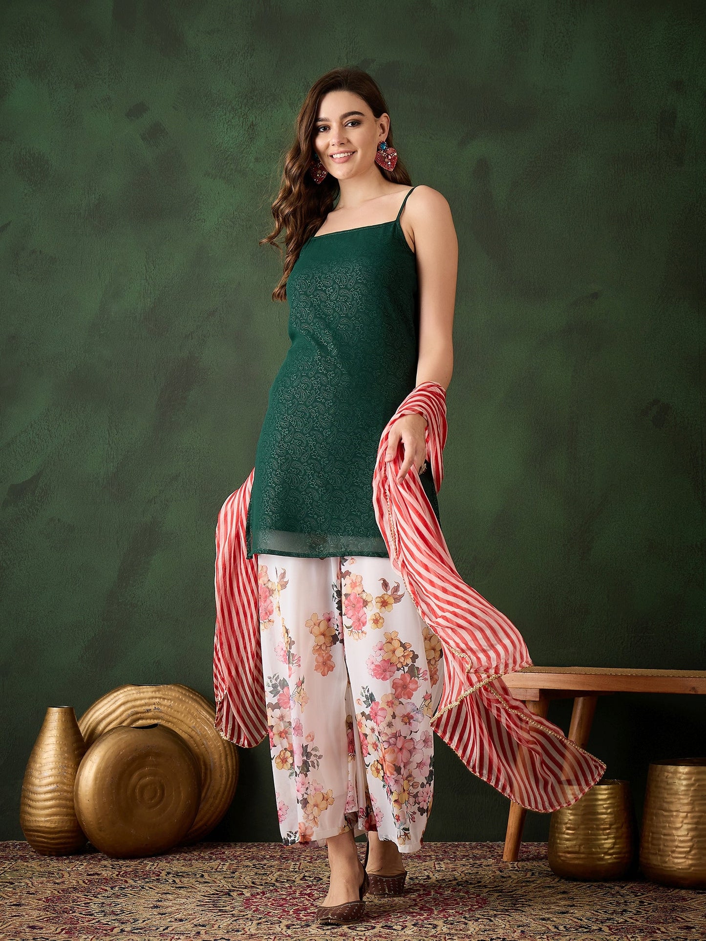 Green Kurta With Floral Print Palazzo & Dupatta - Elganza