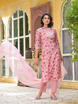 Blush Pink Floral Kurta Set With Dupatta - Elganza