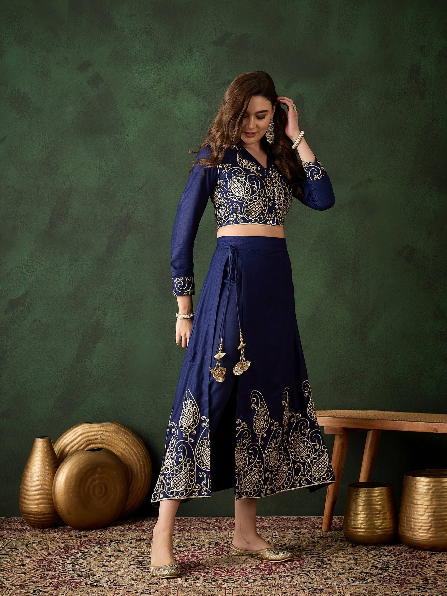 Navy Blue Embroidered Lehenga Choli Set - Elganza