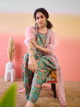 Light Blue Floral Print Dhoti Co-Ord Set With Jacket - Elganza