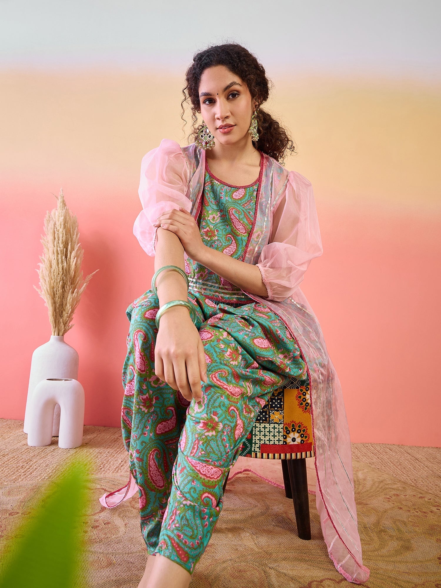 Light Blue Floral Print Dhoti Co-Ord Set With Jacket - Elganza