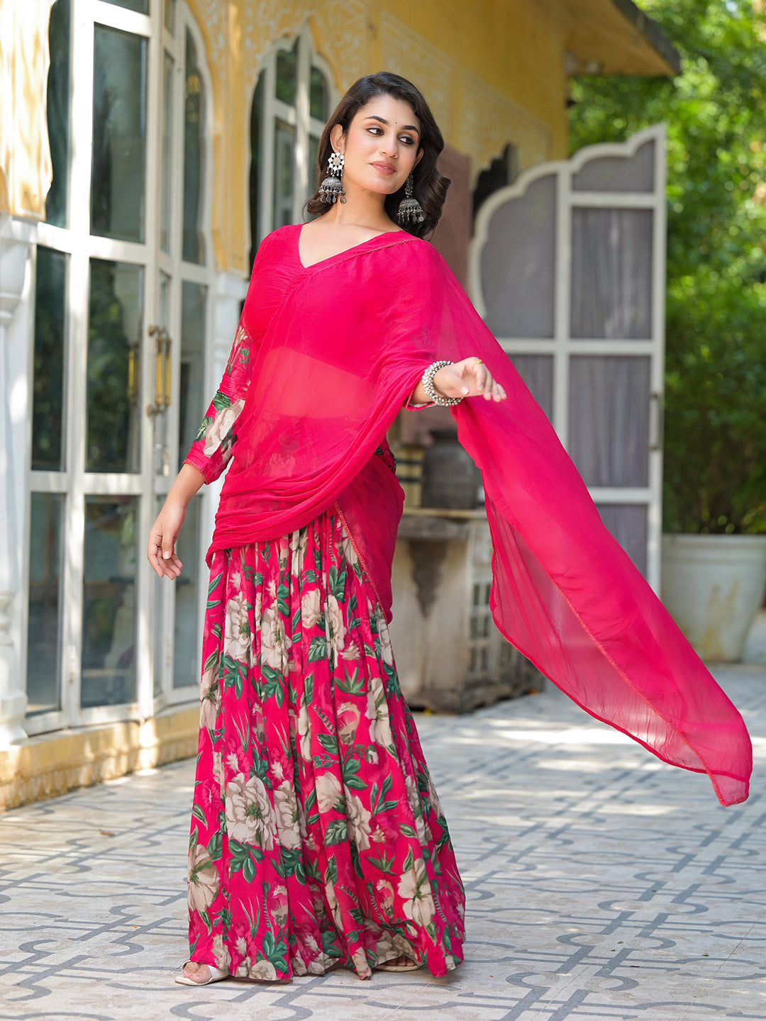 Magenta Floral Print Chinnon Lehenga Choli - Elganza
