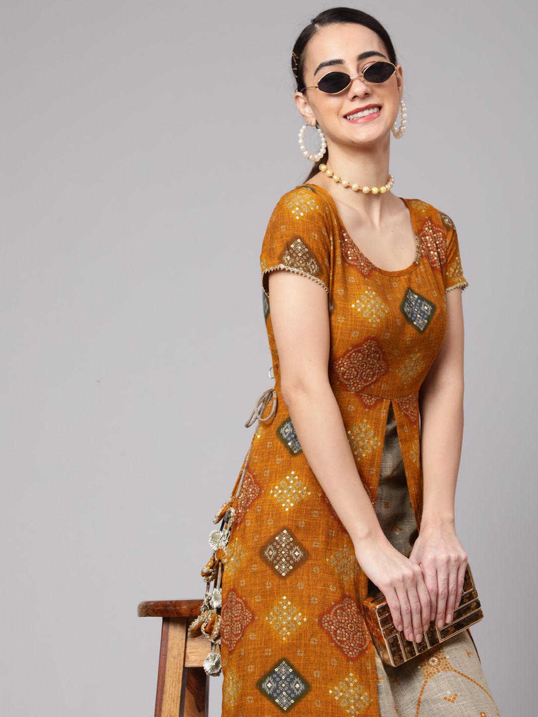 Mustard Bandhani Print Layered Maxi Dress - Elganza