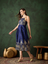 Navy Blue Embroidered Flared Maxi Dress - Elganza