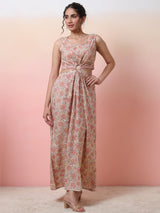 Cream Floral Print Cut-out Dress - Elganza
