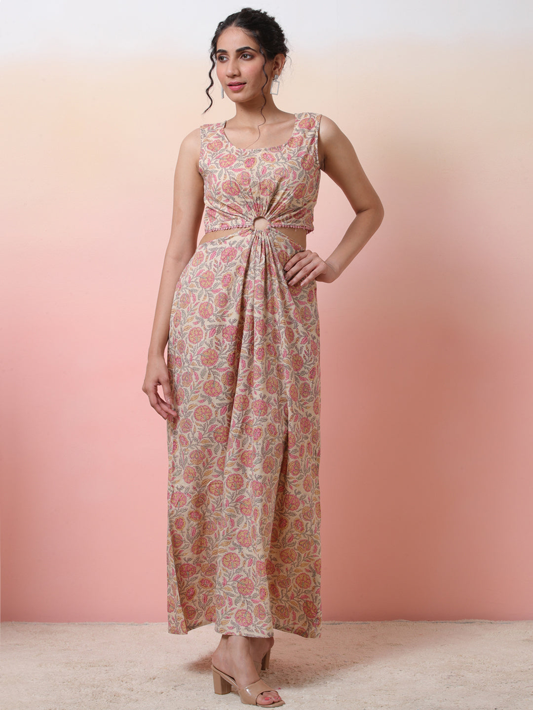 Cream Floral Print Cut-out Dress - Elganza