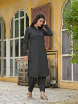 Black Self Design Pathani Kurta - Elganza