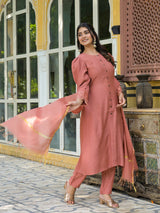 Brick Red A-Line Kurta Set With Dupatta - Elganza
