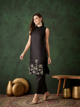 Black Embroidered Kurta With Palazzo - Elganza