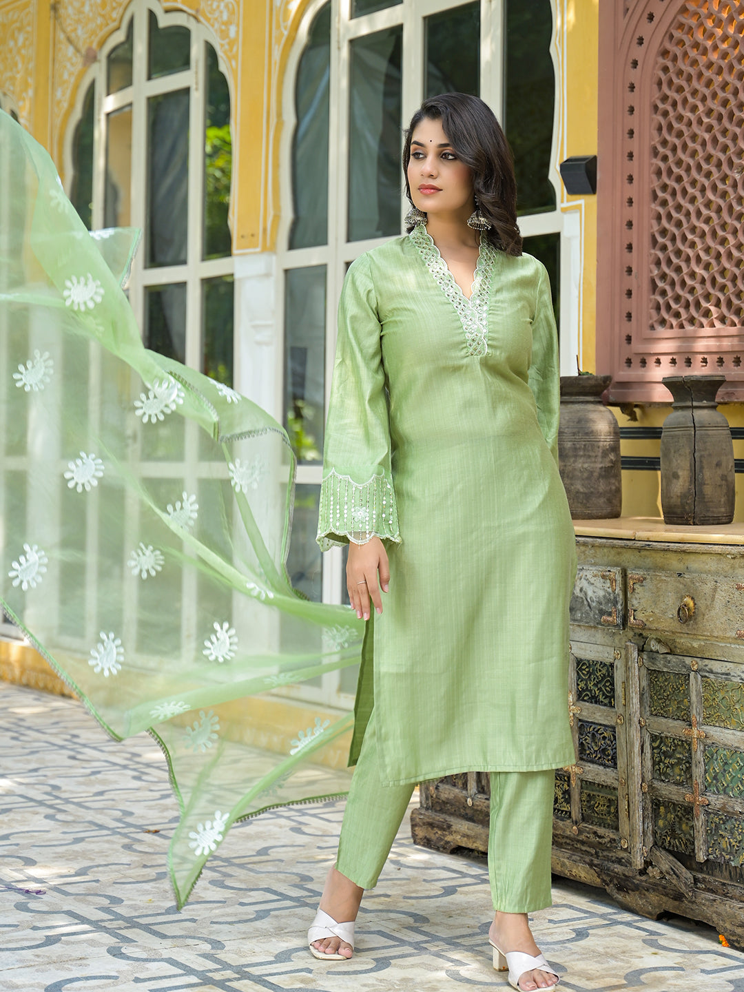 Mint Green Embroidered Pakistani Kurta Set With Embroidered Dupatta - Elganza