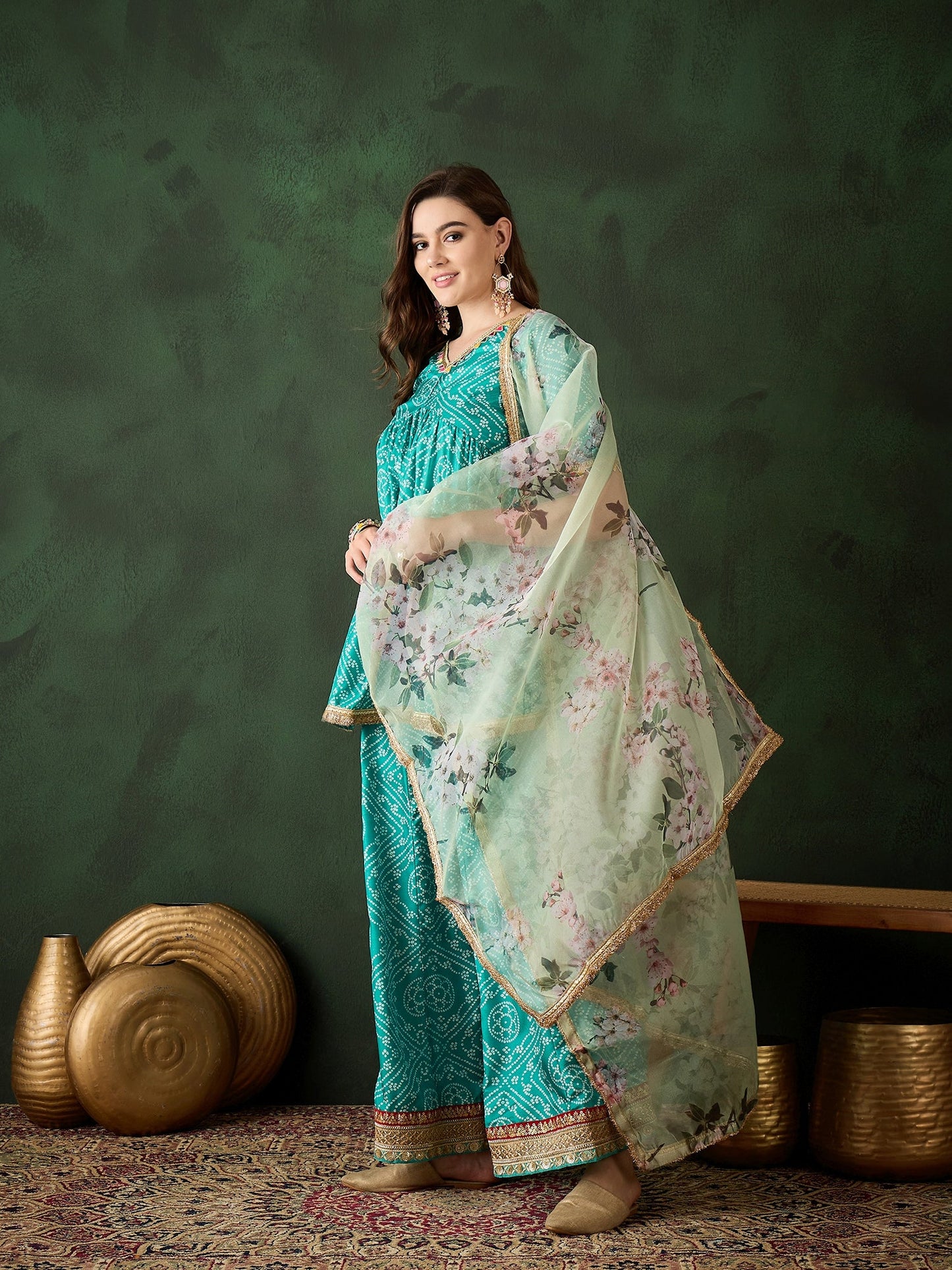 Green Bandhani Print Kurta Sharara With Dupatta - Elganza