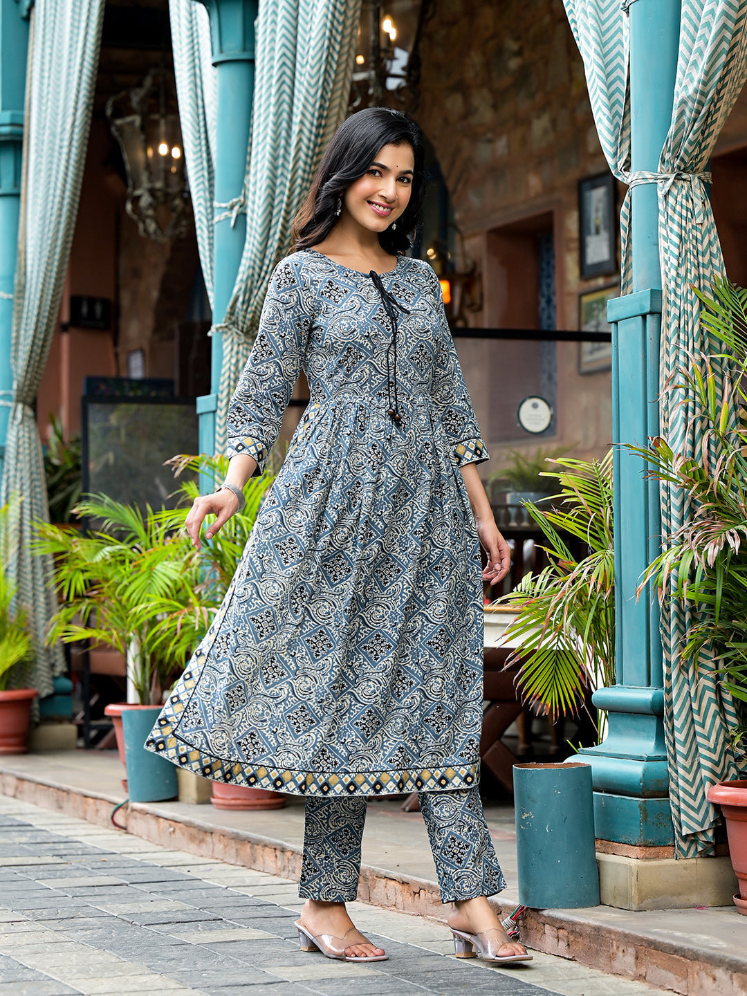 Blue Nyra Cut A-Line Kurta Set - Elganza