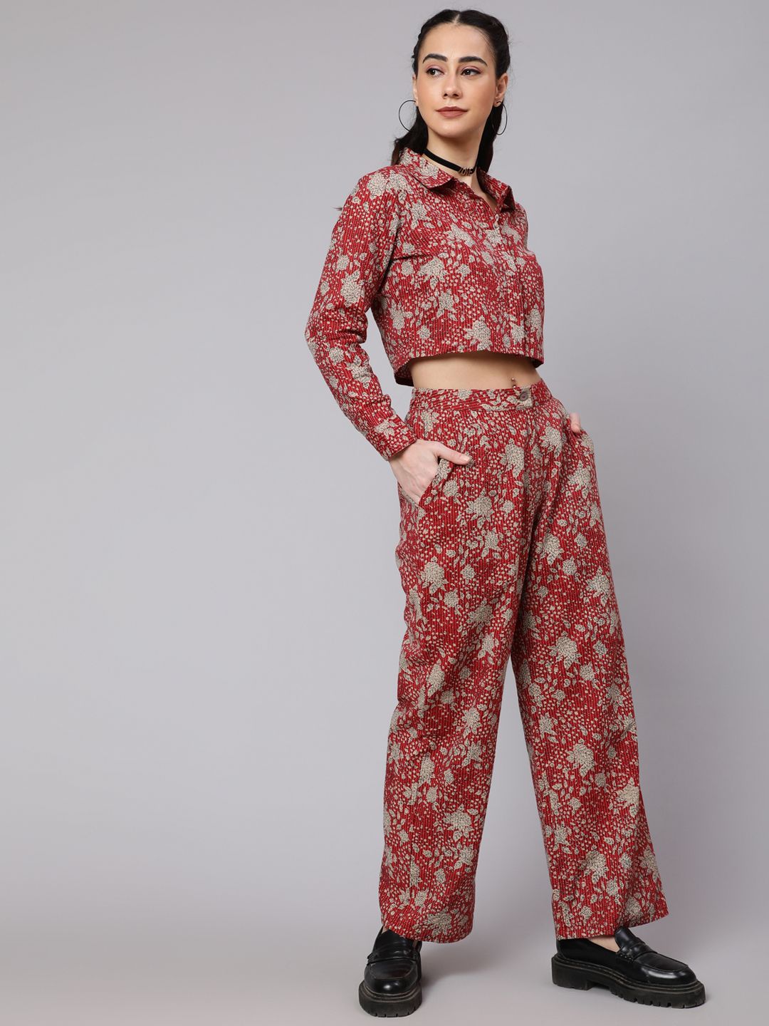 Maroon Floral Co Ord Set - Elganza