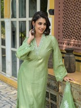 Mint Green Embroidered Pakistani Kurta Set With Embroidered Dupatta - Elganza