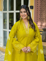 Lime Green Embroidered Pakistani Kurta Set With Embroidered Dupatta - Elganza