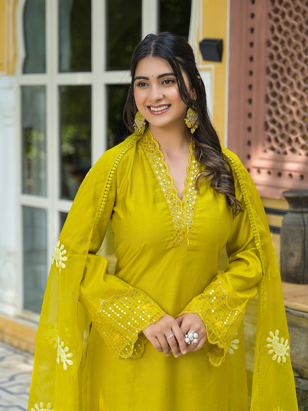 Lime Green Embroidered Pakistani Kurta Set With Embroidered Dupatta - Elganza