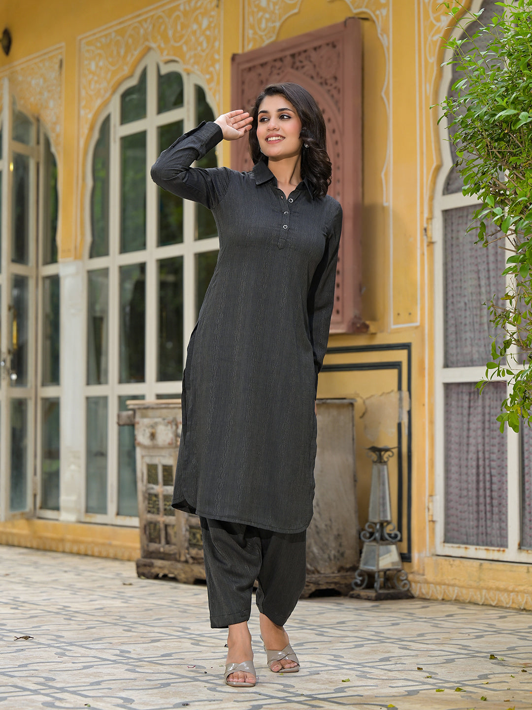 Black Self Design Pathani Kurta - Elganza