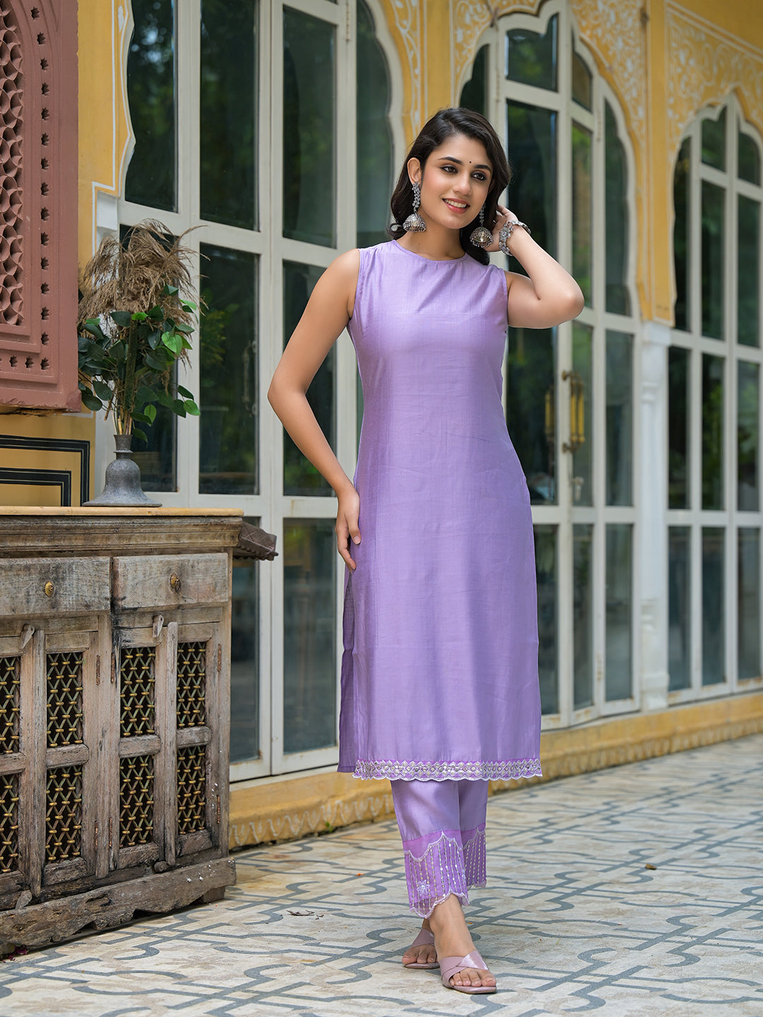 Lavender Sleevessless Kurta Sharara With Organza Sequinned Dupatta - Elganza