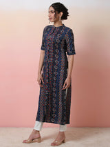 Navy Blue Gold Printed Button Down Kurta - Elganza