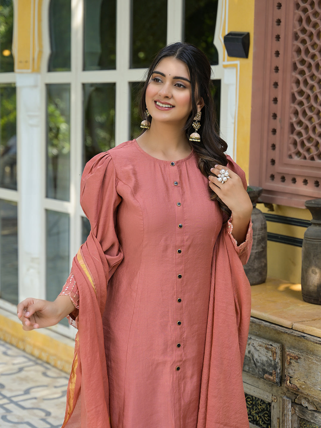 Brick Red A-Line Kurta Set With Dupatta - Elganza