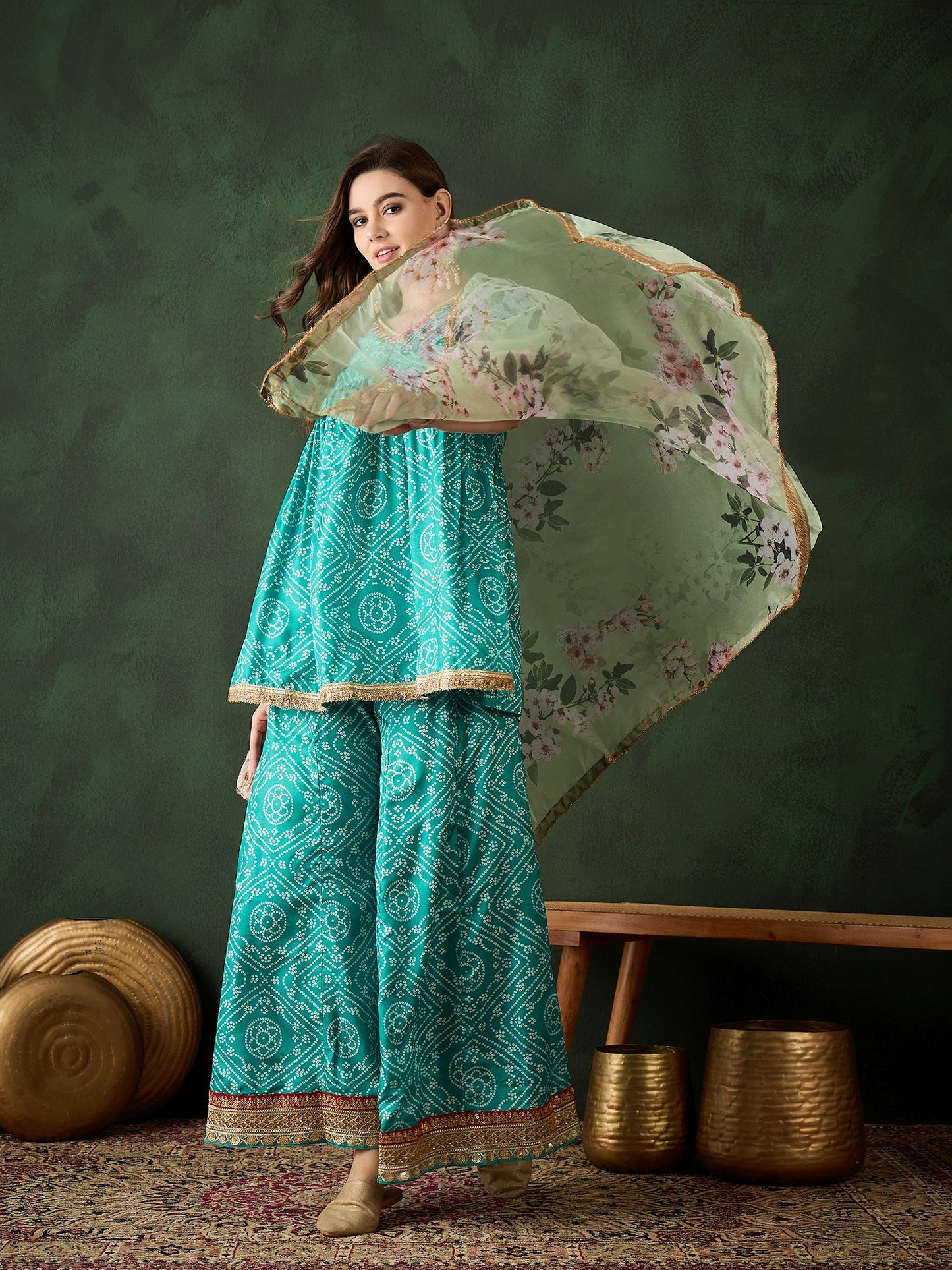Green Bandhani Print Kurta Sharara With Dupatta - Elganza