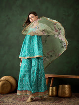 Green Bandhani Print Kurta Sharara With Dupatta - Elganza