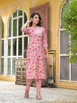 Blush Pink Floral Kurta Set With Dupatta - Elganza