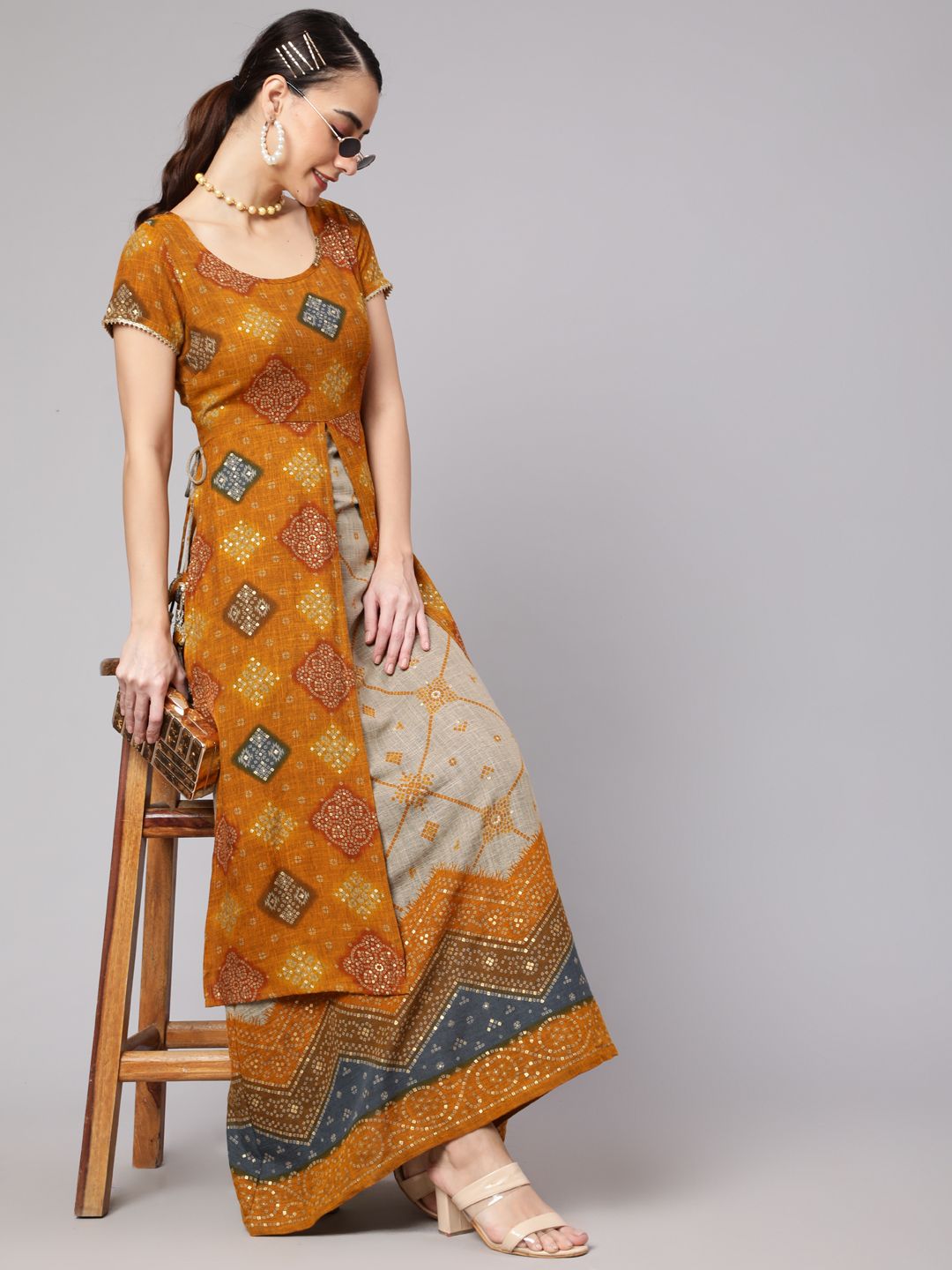 Mustard Bandhani Print Layered Maxi Dress - Elganza