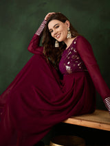 Burgundy Sequence Work Flared Maxi Dress - Elganza