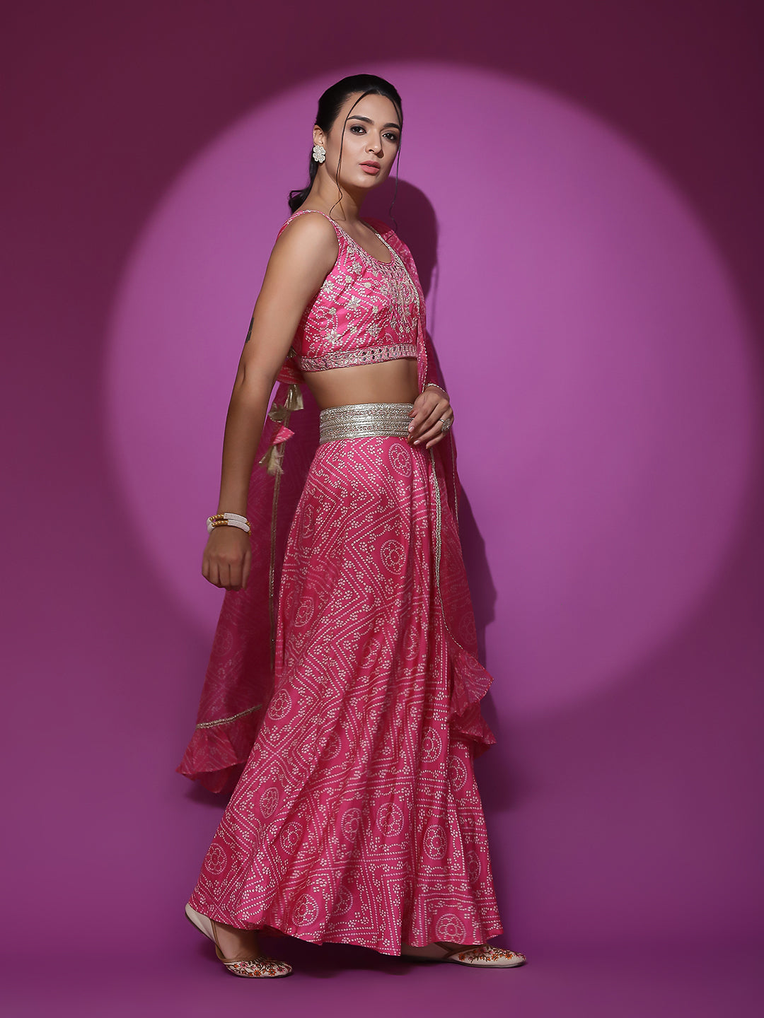 Pink Embroidered Bandhani Print Lehenga Choli With Dupatta - Elganza
