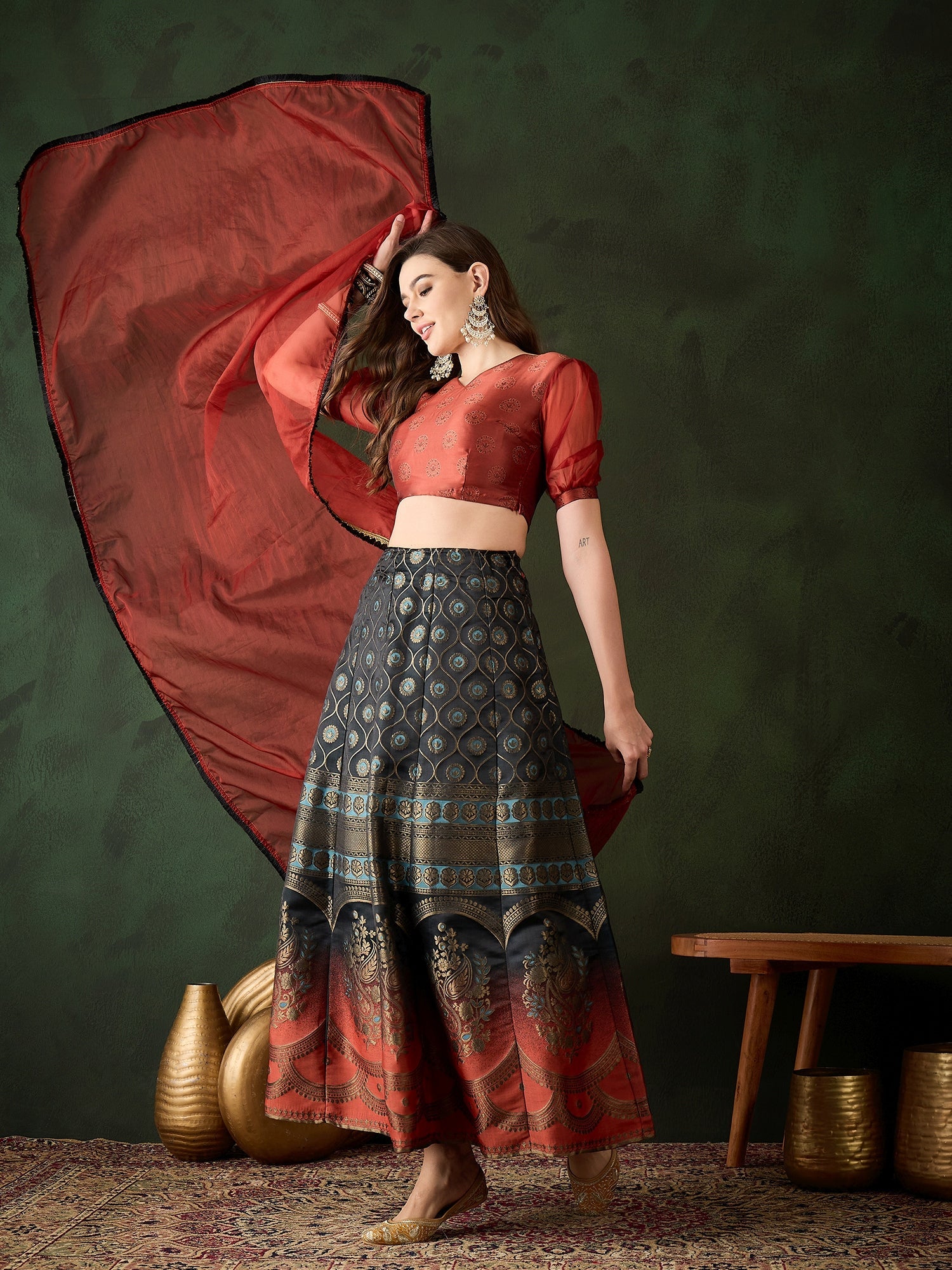 Maroon Brocade Lehenga Choli With Dupatta - Elganza