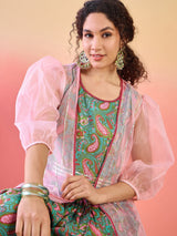 Light Blue Floral Print Dhoti Co-Ord Set With Jacket - Elganza