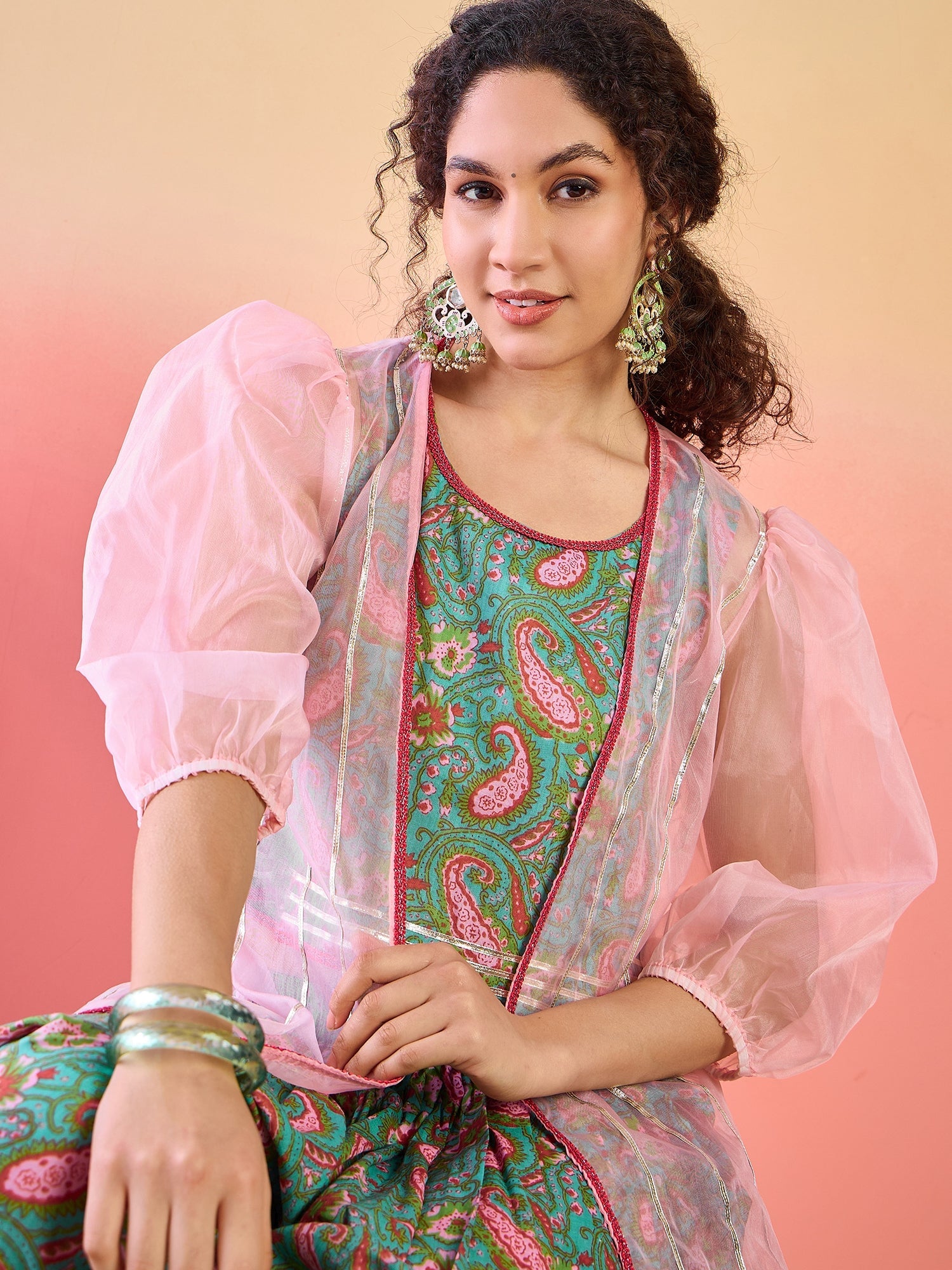 Light Blue Floral Print Dhoti Co-Ord Set With Jacket - Elganza