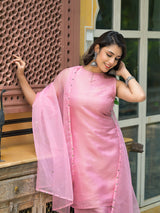 Blush Pink Sleevessless Kurta Sharara With Organza Sequinned Dupatta - Elganza
