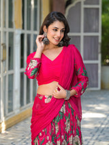 Magenta Floral Print Chinnon Lehenga Choli - Elganza