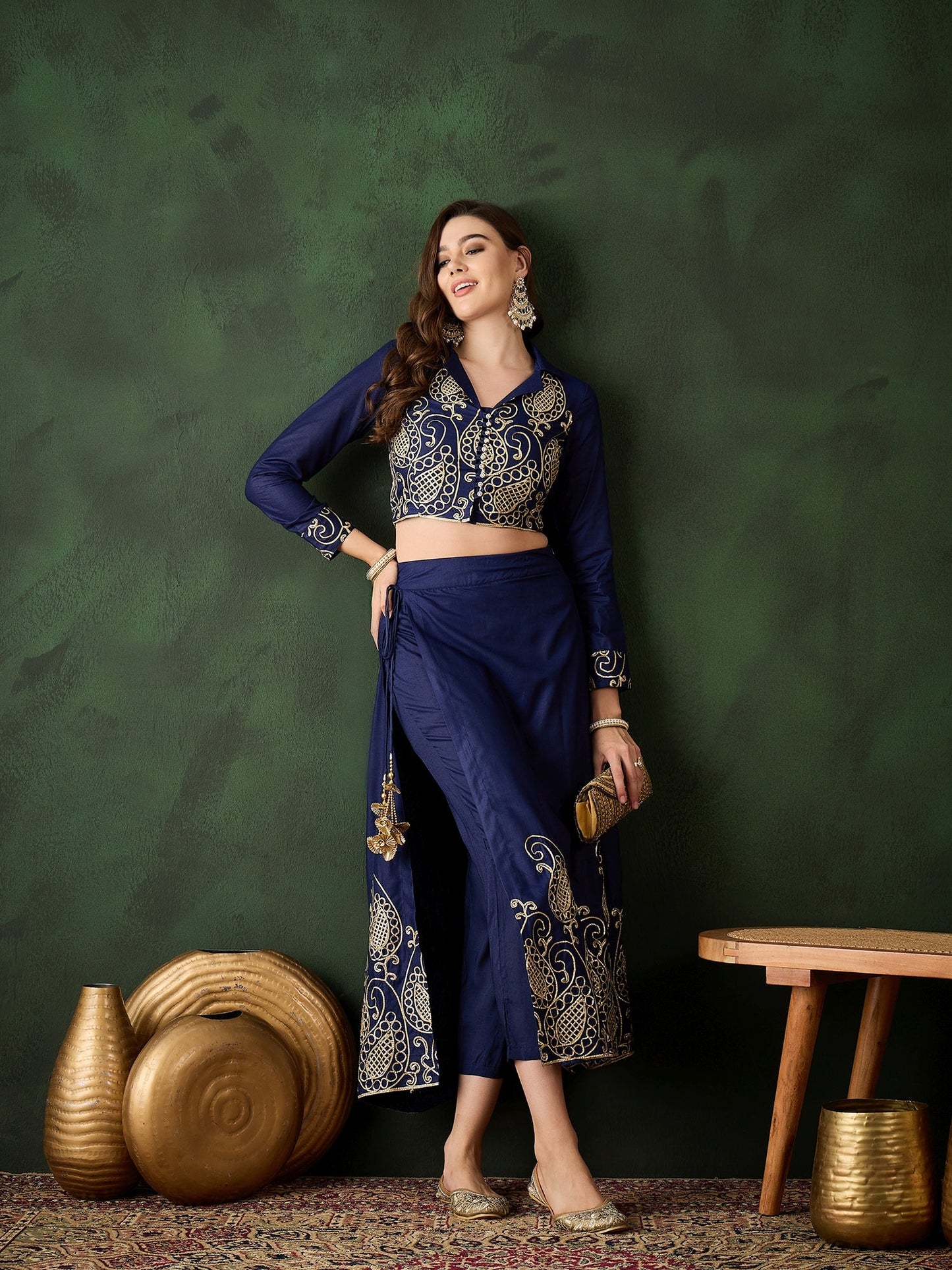 Navy Blue Embroidered Lehenga Choli Set - Elganza