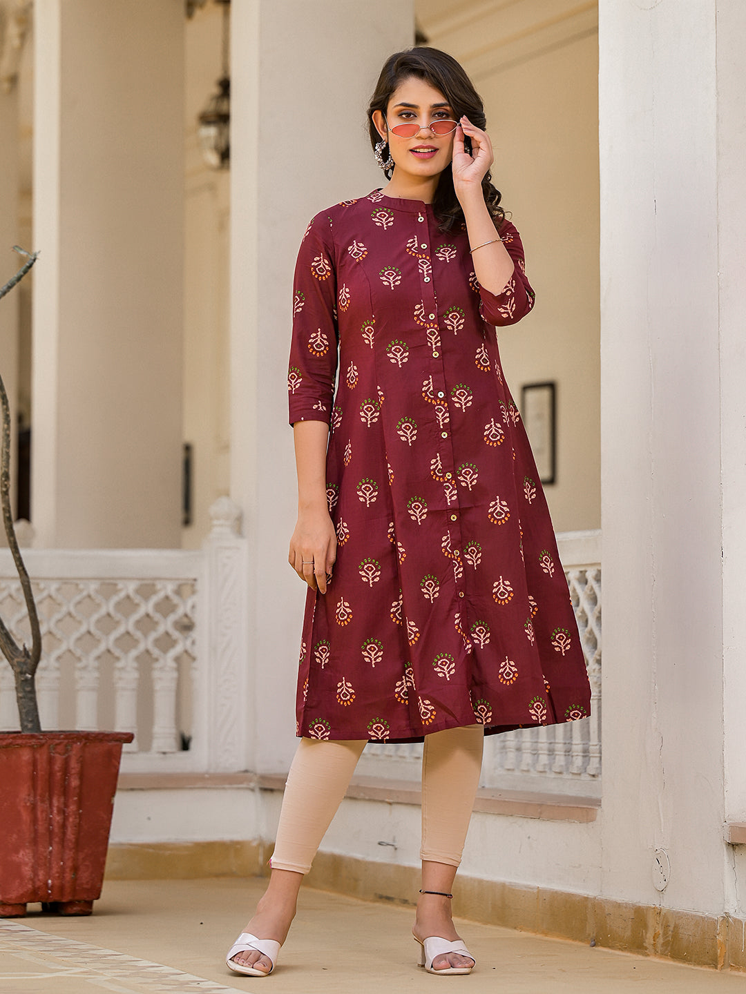 Maroon Button Down A-Line Kurta - Elganza