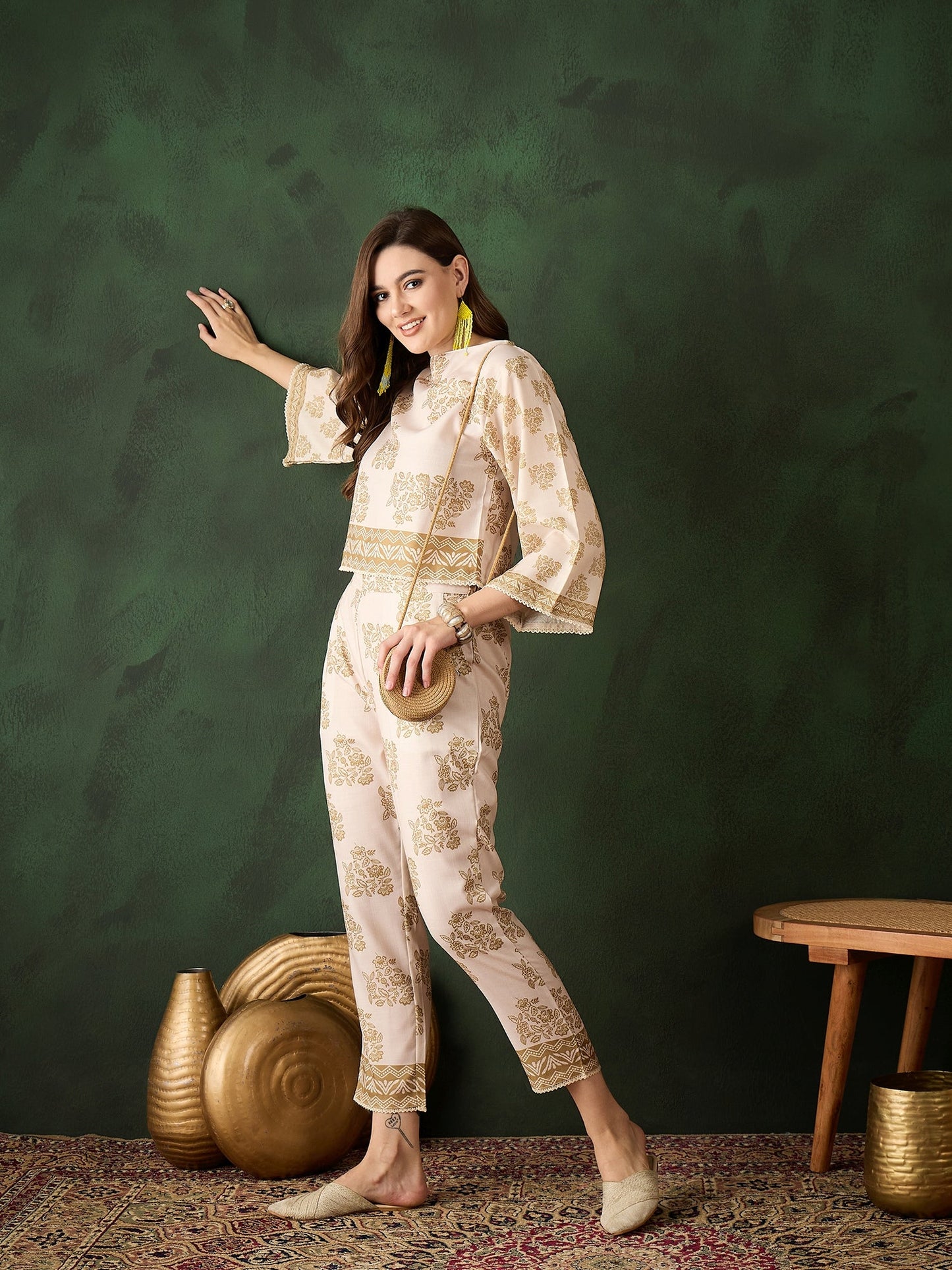 Cream Floral Print Co-Ord Set - Elganza