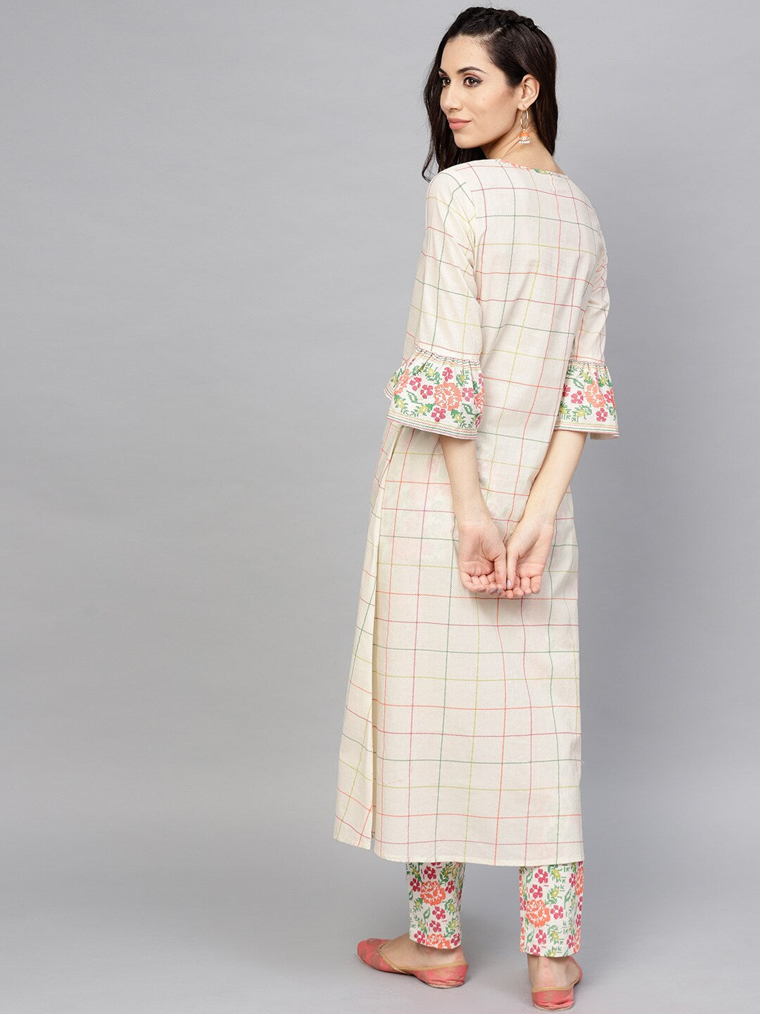 White Checked A-Line Kurta With Ruffle Sleeve - Elganza