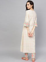 White Checked A-Line Kurta With Ruffle Sleeve - Elganza